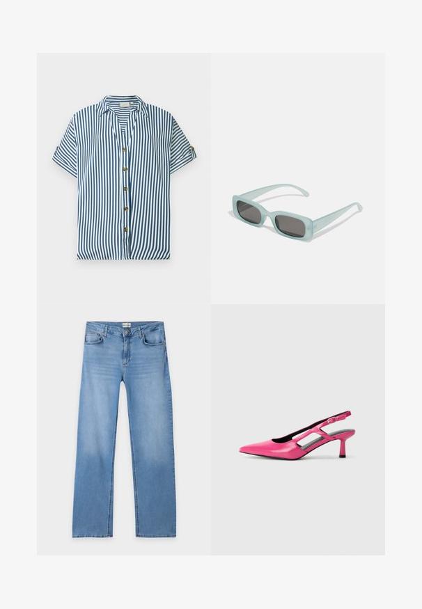 Blau-weiß gestreiftes Kurzarmhemd mit Kragen und fünf braunen Knöpfen vorne, dargestellt auf einem einfarbigen Hintergrund.; Hellblaue Jeans mit geradem Bein, Knopf- und Reißverschluss, Gürtelschlaufen und fünf Taschen, flach auf weißem Hintergrund liegend.; Rosa Leder Slingback-Pumpe mit spitzem Zehenbereich, Ausschnittdetails und niedrigem Absatz. Glatte Textur und verstellbarer Schnallenverschluss.; Ein Paar rechteckige Sonnenbrillen mit lichtblauen, halbtransparenten Rahmen und dunkelgrauen Gläsern, ausgestattet mit geraden Bügeln und minimalen Hardware-Details.