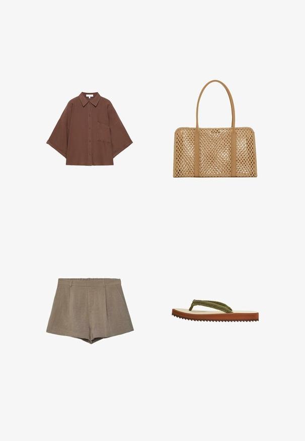 Chemise marron oversize à boutons avec larges manches 3/4, col pointu et poche poitrine unique.; Shorts beige taille haute, cintrés avec passants de ceinture, plis sur le devant et ourlet légèrement évasé, adaptés à une tenue décontractée ou formelle.; Tongs simples avec semelle intérieure beige, semelle extérieure marron cannelée, et brides tressées en tissu vert olive sur fond blanc.; Sac à main tissé rectangulaire couleur fauve avec deux longues poignées lisses et un motif en treillis ouvert sur l'ensemble du corps du sac.