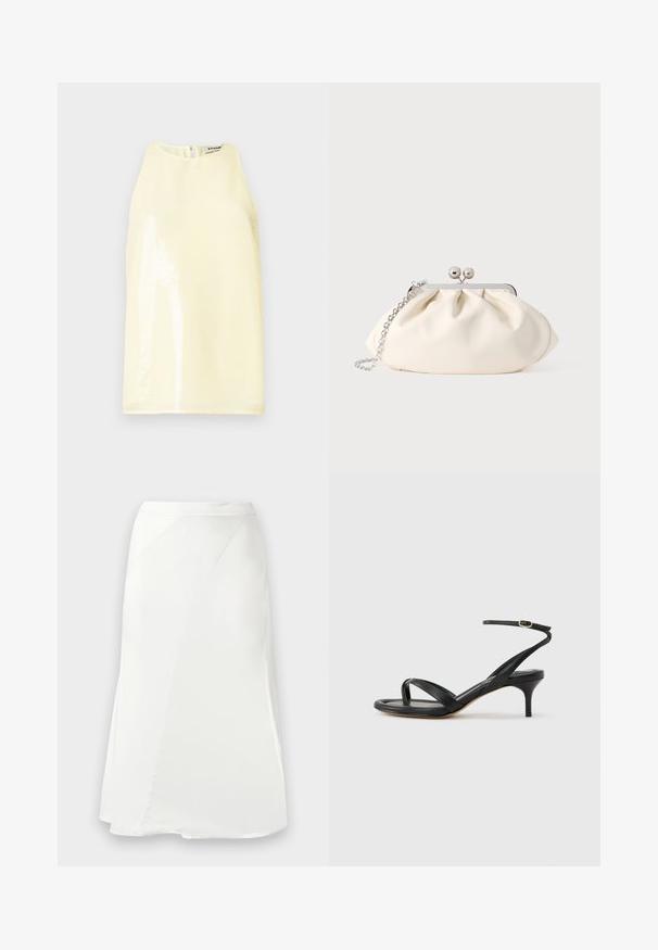 Top sin mangas de color amarillo claro con una textura suave, que presenta un panel brillante en el frente y una pequeña cremallera en la parte posterior.; Falda blanca de línea A con detalles de costura sutiles y una textura suave, mostrada sobre un fondo gris claro liso.; Sandalia negra de cuero para mujer con tiras finas, un lazo para el dedo del pie, hebilla en el tobillo y tacón de aguja de altura media sobre un fondo neutro.; Bolso de mano de tela color crema con diseño fruncido, marco metálico plateado, dos bolas decorativas y correa de cadena plateada.