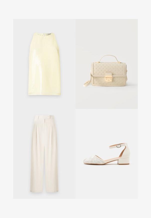 Haut sans manches de couleur jaune clair avec une texture lisse, doté d'un panneau brillant à l'avant et d'une petite fermeture éclair au dos.; Pantalons larges couleur crème en tissu texturé, dotés d'une taille haute, de pinces et d'un design droit.; Chaussure blanche à bride de cheville en dentelle avec un petit talon carré et un design à bout pointu. Doublure intérieure lisse, dessus en dentelle texturé et détail de boucle.; Sac à main matelassé couleur crème avec fermoir à verrou doré, poignée supérieure et bandoulière réglable sur fond blanc.