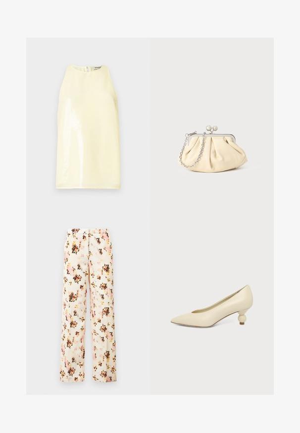 Haut sans manches de couleur jaune clair avec une texture lisse, doté d'un panneau brillant à l'avant et d'une petite fermeture éclair au dos.; Pantalons larges à fleurs en crème, avec un mélange de fleurs roses, orange et noires. Tissu lisse avec une coupe décontractée et sans poches extérieures.; Chaussure femme couleur crème à bout pointu avec un petit talon rond en forme de boule, sur fond uni.; Pochette en cuir beige plissé avec un cadre en métal argenté, dotée de deux fermoirs ronds décoratifs et d'une chaîne en argent.