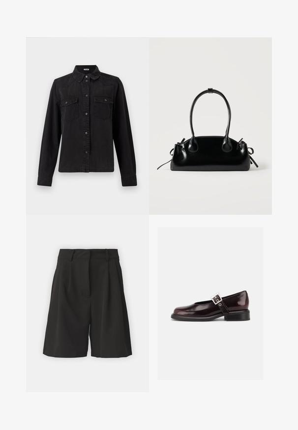 Chemise en denim noir à manches longues, avec deux poches plaquées poitrine et un col classique sur un fond blanc.; Shorts noirs au design sur mesure, avec des plis à l'avant, une taille large et une texture lisse. Pas de poches visibles.; Chaussure Mary Jane unique brillante couleur bordeaux foncé avec une large bride et une boucle argentée, talon bloc bas et bout arrondi sur fond blanc.; Petit sac à main noir brillant avec deux longues anses et des détails à cordon sur les côtés sur un fond clair uni.