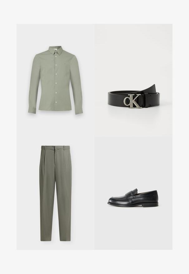 Chemise à manches longues vert clair avec col boutonné et boutons blancs, présentée sur un fond blanc uni.; Pantalon taille haute à jambes droites en vert olive doux avec passants, plis sur le devant et fermeture dissimulée.; Mocassins en cuir noir avec un bout rond, des détails cousus et une semelle en caoutchouc plate. Présentent une large bande sur le cou-de-pied.; Ceinture en cuir noir avec une texture lisse, dotée d'une boucle en métal argenté en forme de logo "CK". La ceinture est plate et soigneusement enroulée.