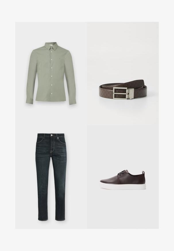 Chemise à manches longues vert clair avec col boutonné et boutons blancs, présentée sur un fond blanc uni.; Jean slim bleu foncé avec poches avant et arrière, passants pour ceinture et fermeture par bouton et fermeture éclair.; Baskets en cuir marron avec une finition lisse, semelle en caoutchouc blanche, bout rond et design à lacets. Comprend une languette au niveau du talon.; Ceinture en cuir brun avec un motif embossé et une boucle rectangulaire en métal argenté portant le nom de la marque. Texture lisse, design classique.