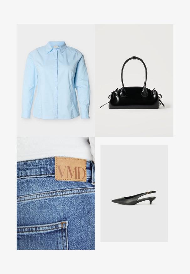 Lyseblå skjorte med lange ærmer, knapper foran, klassisk krave, skræddersyet pasform og synlige syninger langs siderne og ærmerne.; Nærbillede af blå denimjeans med brun læderetiket syet på linningen med teksten "VMD".; Sorte spidse slingback-sko lavet af glat læder. Har en tynd hæl og en spænde detalje på den justerbare rem.; Lille sort blank håndtaske med to lange håndtag og snøre-detaljer i siden på en ensfarvet lys baggrund.