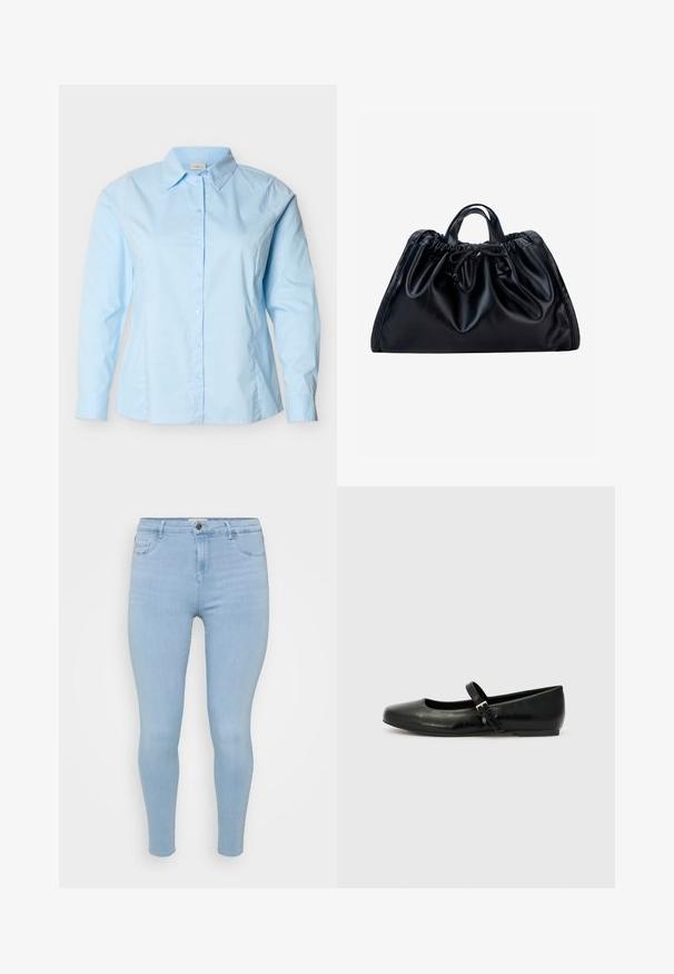 Lyseblå skjorte med lange ærmer, knapper foran, klassisk krave, skræddersyet pasform og synlige syninger langs siderne og ærmerne.; Lysblå skinny jeans lavet af denim, med knaplukning, fem lommer og en glat, let falmet tekstur.; Sorte læder balletflade med rund tå, flad sål og en tynd justerbar rem over svangen med en metalspænde.; Sort lædertaske med rynket top, korte dobbelthåndtag og snørebåndslukning foran i midten mod en hvid baggrund.