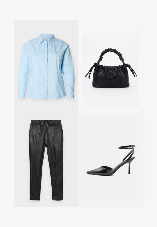 Camisa azul claro de manga larga con botones, cuello clásico, corte entallado y costuras visibles a lo largo de los lados y las mangas.; Pantalones de cuero negro de corte ajustado, con cintura elástica y dos bolsillos frontales con detalles cosidos. Acabado suave y texturizado.; Zapato de tacón alto negro de punta fina con delgadas correas en el tobillo y cierre de hebilla plateada sobre un fondo liso claro.; Bolso negro con textura de cocodrilo, borde superior fruncido, asa recogida y cordones con borlas en cada lado sobre un fondo blanco.