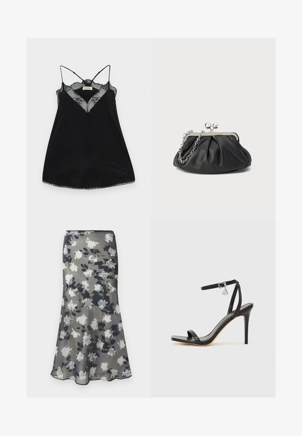 Camisole noire avec des bretelles réglables, dotée d'un décolleté en dentelle plongeant et de bords festonnés. Tissu lisse avec un léger éclat.; Jupe midi grise avec imprimé floral en noir, blanc et gris et légère évasement à l'ourlet.; Sandale à talon haut noire avec une bride étroite à la cheville, bout carré, cuir lisse et accent de boucle métallique.; Porte-monnaie en cuir noir avec texture froncée, cadre en métal argenté, fermeture à verrouillage kiss-lock et bandoulière en chaîne. Surface lisse et douce.