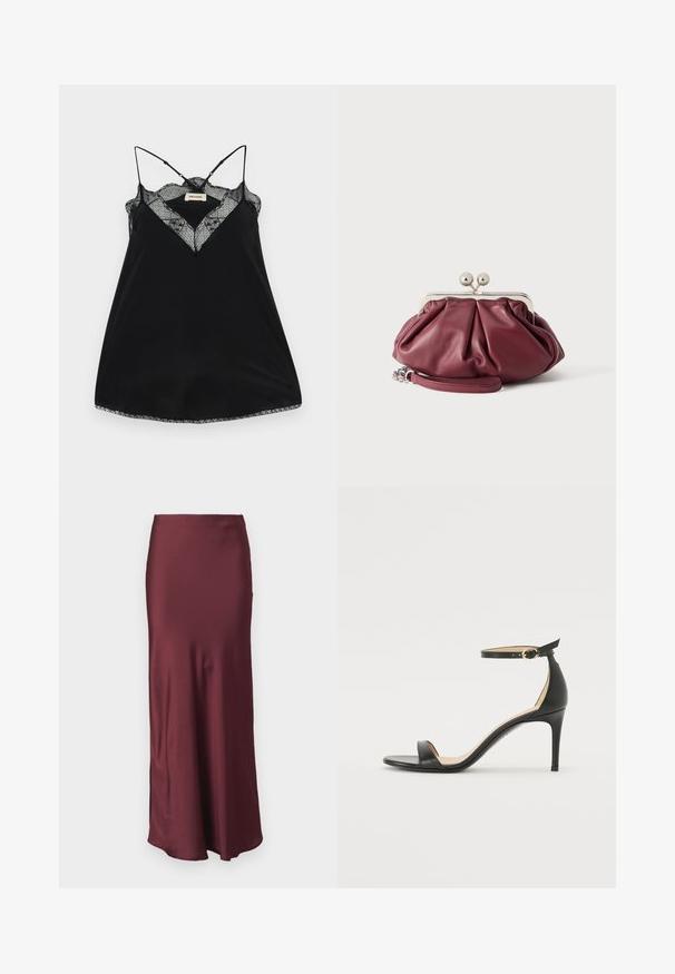 Camiseta negra sin mangas con tirantes ajustables, con un escote de encaje en forma de pico y bordes ondulados. Tejido suave con un ligero brillo.; Falda maxi de satén burdeos con cintura ajustada y dobladillo acampanado, que presenta una textura suave y sin patrones ni adornos visibles.; Sándalo de tacón alto de piel negra con tiras en el tobillo. Presenta una textura suave, puntera abierta y un tacón delgado. Detalles de hebilla en tono dorado.; Pequeño bolso de mano de cuero burdeos con cierre metálico plateado y correa de muñeca sobre fondo blanco.