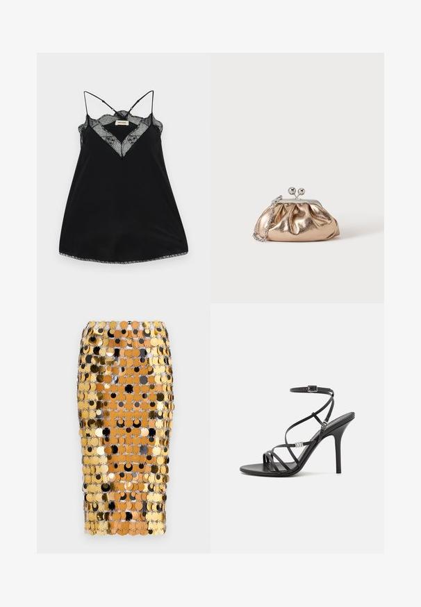 Zwarte camisole met verstelbare bandjes, met een kanten V-hals en golvende randen. Gladde stof met een lichte glans.; Rabanne Kokerrok - brown/black; Zwarte hoge hakken sandaal met dunne banden, een enkelgesp, een gladleren oppervlak en een slanke stilettohak.; Kleine gouden metallic clutch met zilveren sluiting en kettingriem op een effen lichte achtergrond.