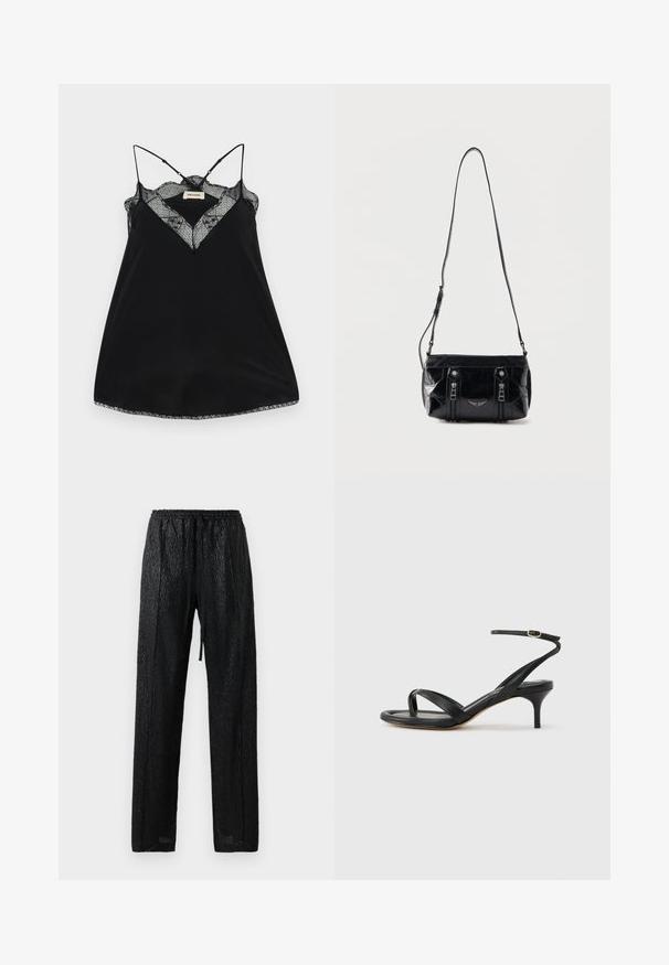 Camisole noire avec des bretelles réglables, dotée d'un décolleté en dentelle plongeant et de bords festonnés. Tissu lisse avec un léger éclat.; Pantalons noirs légers avec une surface texturée et brillante. Ils sont dotés d'une taille élastique avec un cordon de serrage et d'une coupe ample.; Sandale pour femme en cuir noir avec fines lanières, une boucle d'orteil, une boucle à la cheville et un talon aiguille de hauteur moyenne sur un fond neutre.; Sac à bandoulière en cuir noir avec sangle réglable, deux fermetures éclair verticales sur le devant et un petit emblème métallique en forme d'aile sous les fermetures éclair.