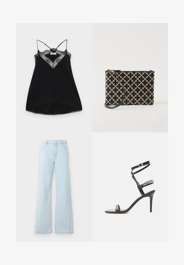 Sort camisole med justerbare stropper, prydet med en blonderede V-udskæring og bølgede kanter. Glat stof med en let glans.; Lysblå denim wide-leg jeans har høj talje, frontlommer og synlige stiksyninger på sømmene og kanten.; Sort højhælet sandal med tynd ankelrem, midtfodsrem dekoreret med sølvkædeled og åben tå-design.; Sort og beige mønstret håndleds clutch med en guldfarvet lynlås og aftagelig sort rem, vist på en hvid baggrund.