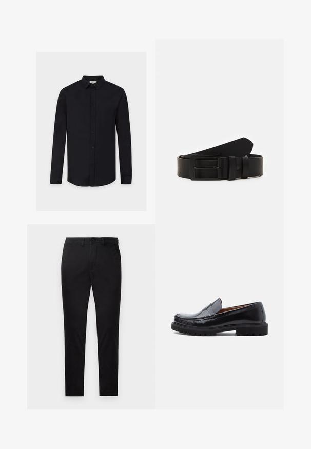 Sort skjorte med lange ærmer og knapper, med krave, vist fladt mod en hvid baggrund.; Sorte slim-fit bukser med knap- og lynlåslukning, bæltestropper og uden synlige lommer, vist mod en hvid baggrund.; Sorte læder penny loafer med chunky gummisål og moc toe syninger, vist i profil på en hvid baggrund.; Sort læderbælte rullet med en mat sort rektangulær metalspænde og to bæltesløjfer på en hvid baggrund.