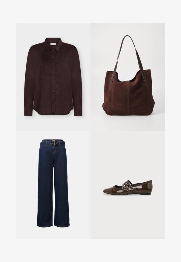 Donkerbruin overhemd met lange mouwen, kraag, rechte snit en zichtbare knopen, weergegeven tegen een effen witte achtergrond.; Donkerblauwe wijde denim broek met gestikte zakken en een bijpassende riem met een grote rechthoekige gouden gesp.; Bruine lakleren platte schoen met puntige neus en drie verstelbare gespen aan de zijkant, gezien vanaf de buitenkant.; Bruine suede totebag met twee donkere leren schouderbanden. Zachte textuur, ronde bovenkant en een ruime binnenkant. Geen zichtbare hardware of versieringen.