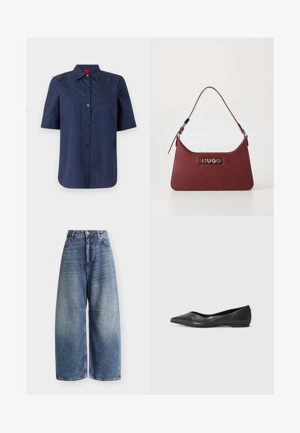 Donkerblauw overhemd met korte mouwen, knoopsluiting en kraag, met een rood label aan de binnenkant van de halslijn. Effen voorkant met een subtiel geborduurd logo op de borst.; Blauwe denim jeans met hoge taille en wijde pijpen, met voorzakken, riemlussen en knoopsluiting op een witte achtergrond.; Zwarte leren ballerina met een spitse neus, lage hak en een gladde structuur. Minimalistisch ontwerp met een subtiele zijaccent.; Kleine rechthoekige bordeauxrode leren handtas met een verstelbare schouderband en een zilveren "HUGO" logo plaatje aan de voorkant.
