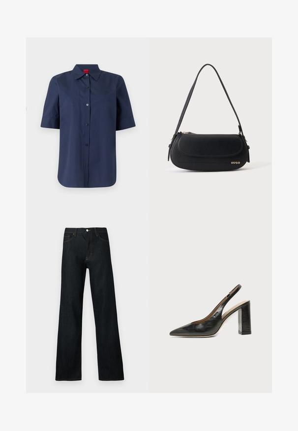 Chemise bleu marine à manches courtes, boutonnée, avec col et étiquette rouge à l'intérieur du col, devant uni avec logo brodé discret sur la poitrine.; Jean en denim foncé avec une coupe à jambe large. Caractéristiques : fermeture par bouton, cinq poches, et surpiqûres contrastantes orange.; Chaussure slingback en cuir noir à bout pointu avec un talon bloc haut et une doublure intérieure beige sur un fond clair uni.; Sac à épaule en cuir noir avec rabat incurvé, logo doré "HUGO" sur le devant, et une bandoulière réglable.