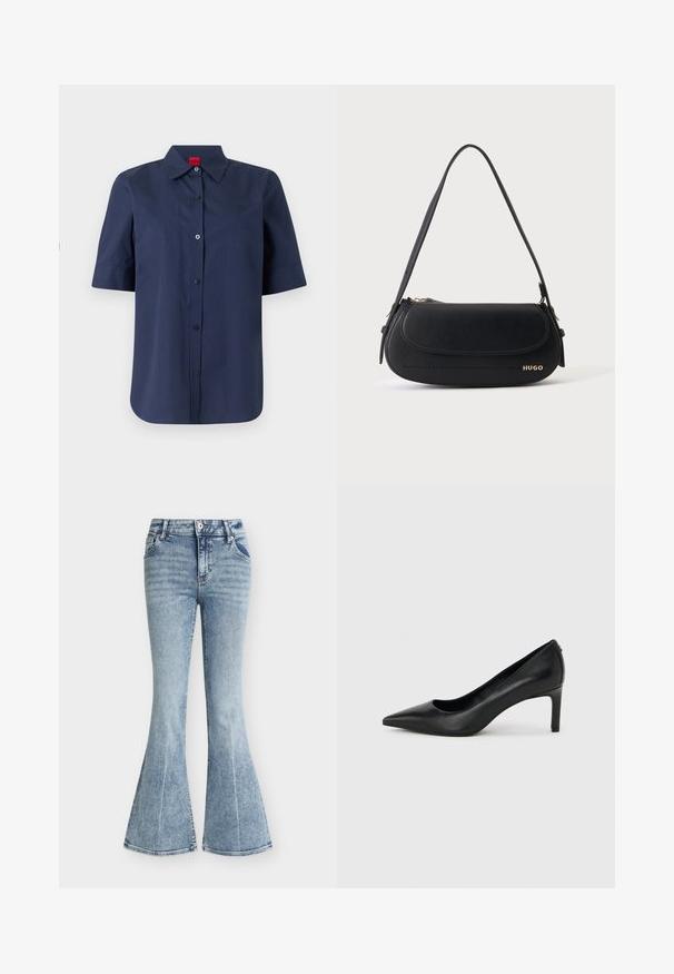 Chemise bleu marine à manches courtes, boutonnée, avec col et étiquette rouge à l'intérieur du col, devant uni avec logo brodé discret sur la poitrine.; Jean en denim bleu clair taille haute avec un lavage délavé, poches avant, fermeture par bouton et zip, et jambes évasées style pattes d'éléphant.; Escarpin à bout pointu en cuir noir avec un talon fin de hauteur moyenne sur un fond gris clair uni.; Sac à épaule en cuir noir avec rabat incurvé, logo doré "HUGO" sur le devant, et une bandoulière réglable.