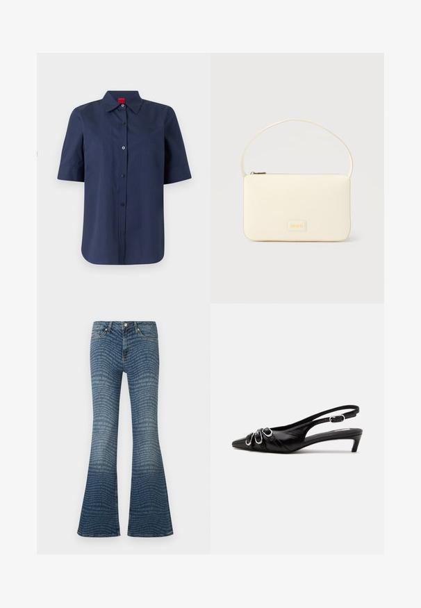 Chemise bleu marine à manches courtes, boutonnée, avec col et étiquette rouge à l'intérieur du col, devant uni avec logo brodé discret sur la poitrine.; Jean flare bleu avec un motif all-over répétitif du logo "JOOP! JEANS" et une coupe classique à cinq poches.; Chaussure slingback en cuir noir avec bout pointu, trois boucles argentées à l'avant et petit talon kitten sur fond blanc.; Sac à main rectangulaire de couleur crème avec une seule sangle et une fermeture éclair sur le dessus, comportant une petite plaque de logo embossé à l'avant.