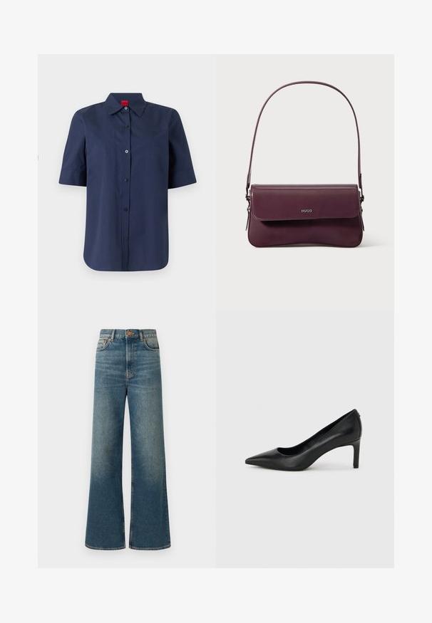 Marineblå kortærmet skjorte med knapper og krave samt rød mærkat indeni kraven. Ensfarvet front med diskret broderet logo på brystet.; Bredde ben jeans i medium blå denim, med høj talje, fem-lomme design og en subtil falmet finish. Kobberknap og syninger som detaljer.; Sort læderhøjhælet pumpe med spids tå og slank, mellemhøj hæl på en ensartet lys grå baggrund.; Bordeauxfarvet lædertaske med et struktureret design, der har en klaplukning og en justerbar rem. Logo detaljer præget på forsiden.