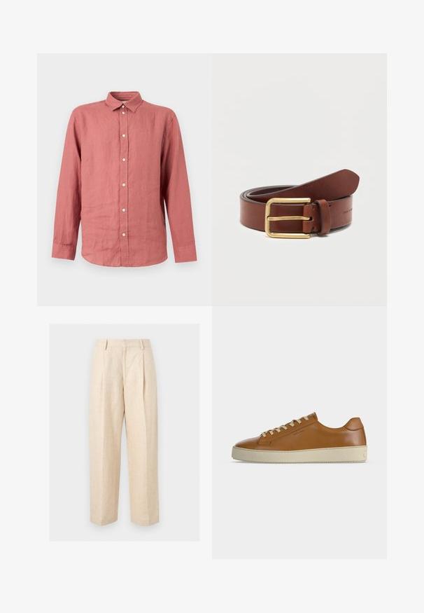 Chemise à manches longues boutonnée de couleur rose pâle avec un col classique et des boutons blancs, présentée sur un fond clair uni.; Pantalon en lin beige taille haute, coupe droite, avec passants de ceinture et un pli frontal sur un fond uni.; Baskets basses en cuir marron avec lacets crème et semelle épaisse en caoutchouc crème, vues de profil sur fond blanc.; Ceinture en cuir marron avec boucle rectangulaire dorée, roulée sur un fond blanc uni.