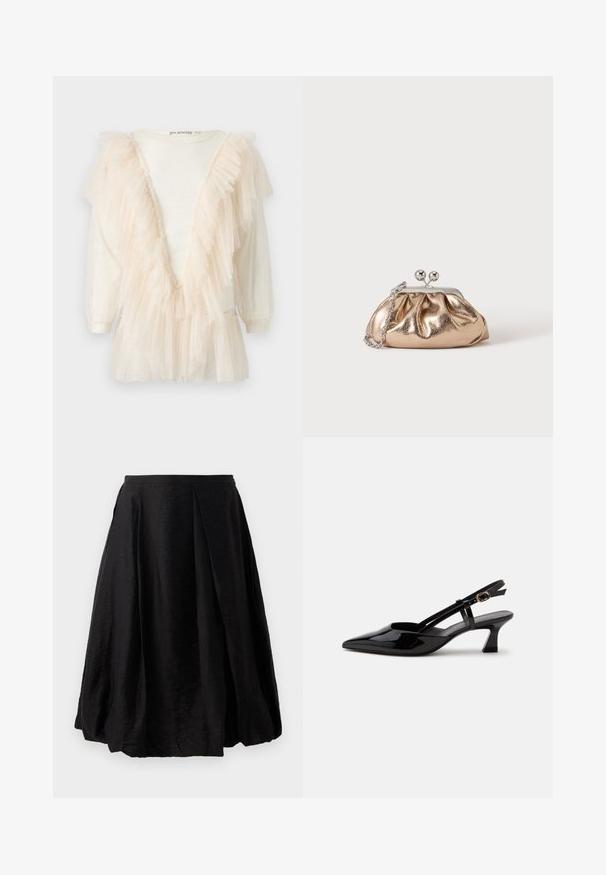 Blouse ivoire à manches longues avec un bord en tulle transparent et volanté formant un profond décolleté en V, agrémentée de légers accents pailletés sur toute la surface.; Jupe plissée noire en tissu léger et texturé. Forme évasée avec une longueur mi-mollet et fermeture éclair sur le côté. Pas de motifs visibles.; Chaussure slingback en cuir verni noir à petit talon, bout pointu et bride réglable avec boucle dorée sur fond blanc.; Petit sac pochette métallique dorée avec fermoir argenté et chaîne sur un fond clair uni.