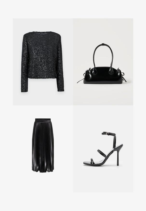 Haut noir à manches longues recouvert de petites paillettes, avec un col rond et une coupe décontractée, doté d'une texture lisse et d'une surface étincelante.; Jupe midi plissée noire avec une finition brillante, taille élastique et plis verticaux prononcés, offrant une apparence texturée et fluide.; Sandales à talons hauts en cuir verni noir avec trois sangles horizontales et une sangle de cheville ajustable. Silhouette élégante et finition brillante.; Petit sac à main noir brillant avec deux longues anses et des détails à cordon sur les côtés sur un fond clair uni.