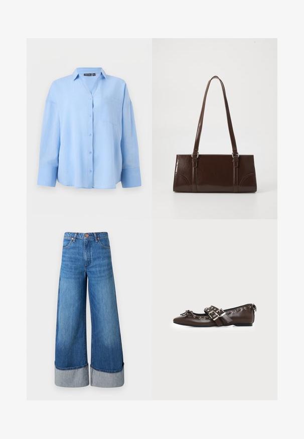 Chemise bleu clair à manches longues, boutonnée, avec col et poche poitrine, présentée sur un fond clair uni.; Jeans en denim à jambes larges de couleur bleu moyen. Présentent une taille haute, des ourlets retroussés en denim plus clair, et un design classique à cinq poches avec des accents en métal.; Chaussure plate en cuir marron foncé avec bout pointu, doubles brides à boucles argentées, œillets métalliques et nœud décoratif à l'avant.; Sac à main en cuir verni marron de forme rectangulaire, avec deux longues poignées et des accents courbés subtils à l'avant.