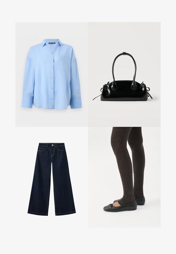 Chemise bleu clair à manches longues, boutonnée, avec col et poche poitrine, présentée sur un fond clair uni.; Jean denim bleu foncé à jambes larges avec poches avant et poche monnaie, fermeture par bouton, et surpiqûres contrastées.; Jambes portant des leggings côtelés foncés associés à des ballerines noires avec de petits détails en nœud sur fond blanc.; Petit sac à main noir brillant avec deux longues anses et des détails à cordon sur les côtés sur un fond clair uni.