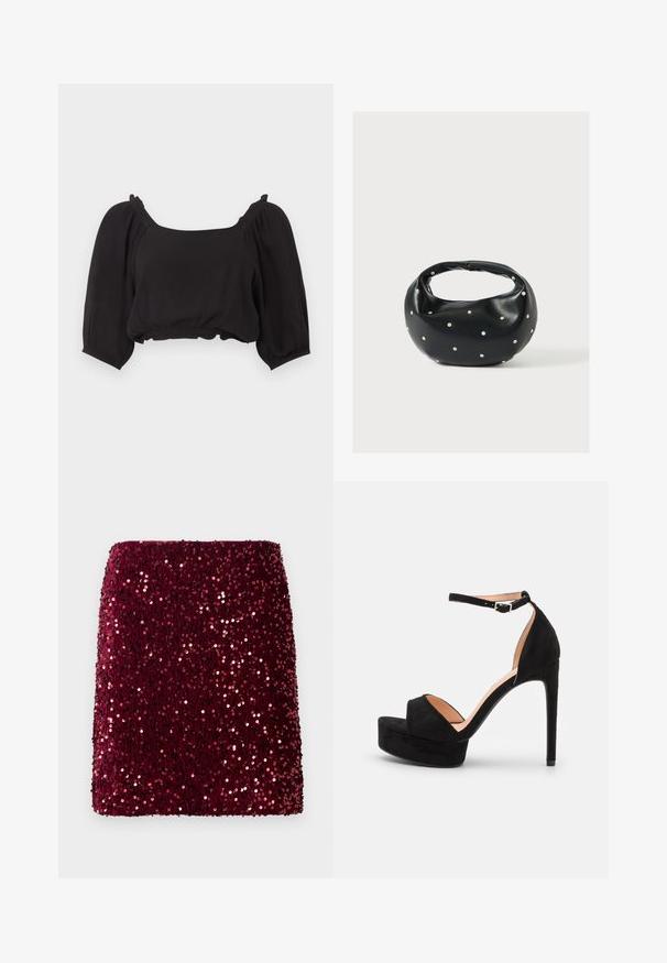 Sort cropped bluse med puffede lange ærmer, firkantet udskæring og elastisk kant og manchetter.; Bordeaux palietteret miniskørt med en tætsiddende form, struktureret overflade og en glat kant, der reflekterer lys for en blank effekt.; Sorte ruskinds højhælede sandaler med platformssål, ankelslynger med sølvhardware, åben tå-design og glat tekstur.; Sort læderhåndtaske med en rundet form, dekoreret med sølvnitter, og et kort håndtag. Glat tekstur og lynlåslukning.