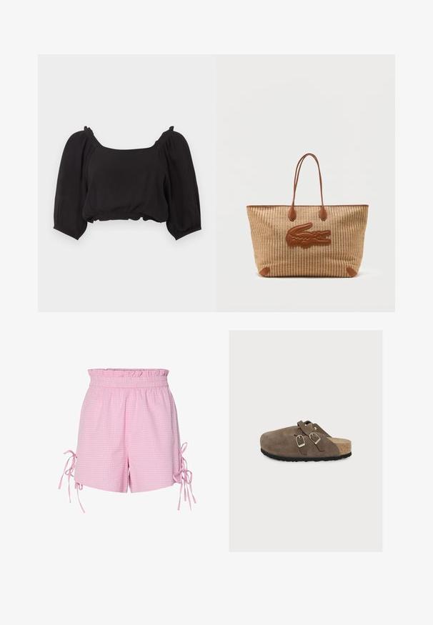 Blusa negra corta con mangas largas abullonadas, escote cuadrado y dobladillo y puños elásticos.; Shorts de vichy rosa con una cinturilla elástica con volantes y lazos en los laterales. Fabricados con una tela ligera y texturizada.; Zueco marrón de ante con dos correas ajustables con hebillas, plantilla de corcho y suela de goma negra, mostrado de lado sobre fondo blanco.; Bolso tote grande tejido de color beige con asas de cuero marrón y un emblema de cocodrilo de cuero marrón en la parte delantera.