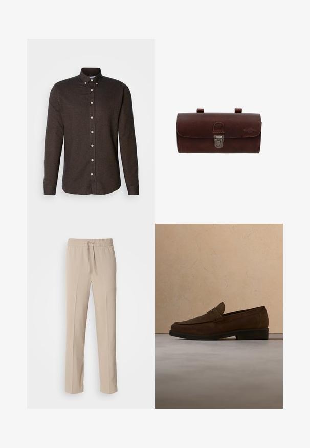 Brun langærmet skjorte med knapper i tekstureret stof, med spidse kraver og hvide knapper foran.; Beige, afslappede bukser lavet af blødt materiale, med elastisk talje og snøre samt lige ben med minimale detaljer.; Brun mokkalæders loafer med sort sål svævende over beige tæppe foran en beige sofa.; Mørkebrunt lædercylindrisk taske med metalspænde og to stropper på toppen, designet til at blive fæstnet på en cykel.