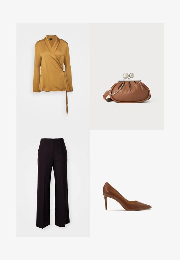 ASPESI CAMICIA - Bluse - biscotto/biscuit; Sorte vide benbukser med høj talje, der har en glat tekstur og subtile frontfolder, skræddersyet til en struktureret pasform.; Brun læder højhælede pumps med spidse tæer, der har en glat tekstur og en slank silhuet, der måler cirka 3 tommer i højden.; Brun læder clutch-pung med sølv kugleklap og en lille sølv kædedetalje på en hvid baggrund.