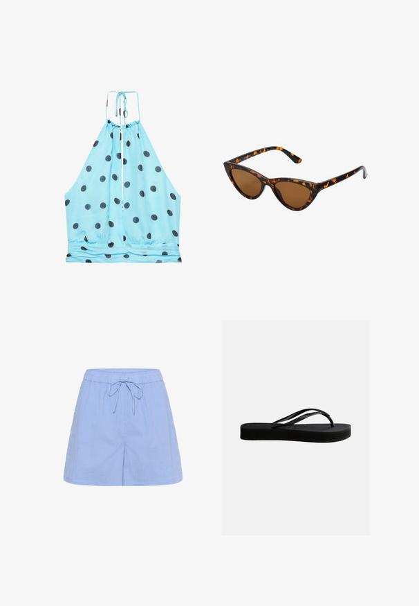 Haut à col licou bleu clair à pois noirs avec fermeture par nœud au niveau du cou, doté d'une taille élastique froncée.; Shorts décontractés bleu clair avec taille élastique et cordon de serrage, avec une coupe confortable et une texture verticale subtile.; Tongs en caoutchouc noir avec semelle texturée et bride en forme de Y, vues de côté sur un fond clair uni.; Lunettes de soleil style œil de chat avec une monture en écaille de tortue noire et orange, verres marron et pointes effilées et élégantes. Présente un logo minimaliste sur la branche.