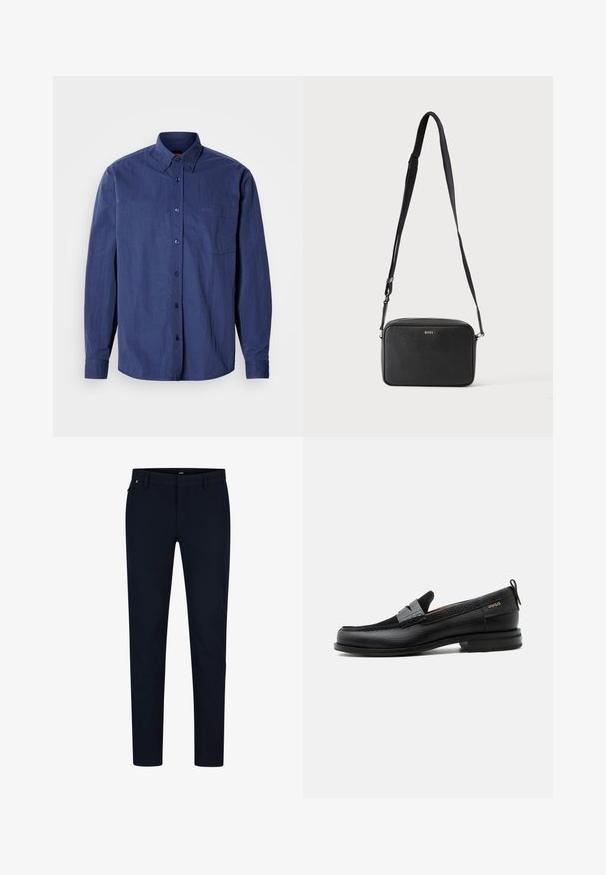Mørkeblå skjorte med knapper, spids krave, lange ærmer, enkel brystlomme og subtil logo-broderi. Glat, letvægtsstof.; Marinebukser lavet af glat stof, med en slim fit, bæltestropper og en skjult lynlås. Ingen bemærkelsesværdige mønstre eller accenter.; Sort læderloafer med grå remdetalje, lav hæl og tekstureret sål, mærket med "HUGO" i guld på siden.; Sort rektangulær crossbody taske med justerbar rem og BOSS-logo foran, sat mod en ensfarvet lys baggrund.