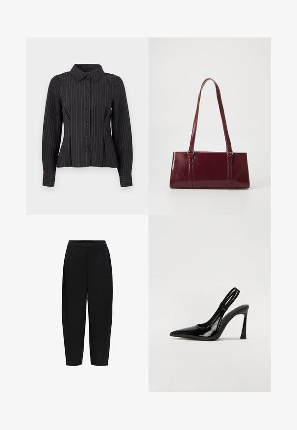 Blouse noire à manches longues avec fines rayures verticales blanches, fermeture boutonnée devant, col pointu et plis cintrés à la taille.; Pantalon noir sur mesure longueur cheville avec passants pour ceinture et poches latérales, présentant une coupe droite légèrement fuselée.; Escarpin en cuir verni noir à talon aiguille, à bout pointu, avec une sangle élastique double pour un maintien sécurisé. Surface lisse et brillante.; Sac à main bordeaux en matériau brillant, de forme rectangulaire, avec deux anses et des accents légèrement courbés à l'avant.