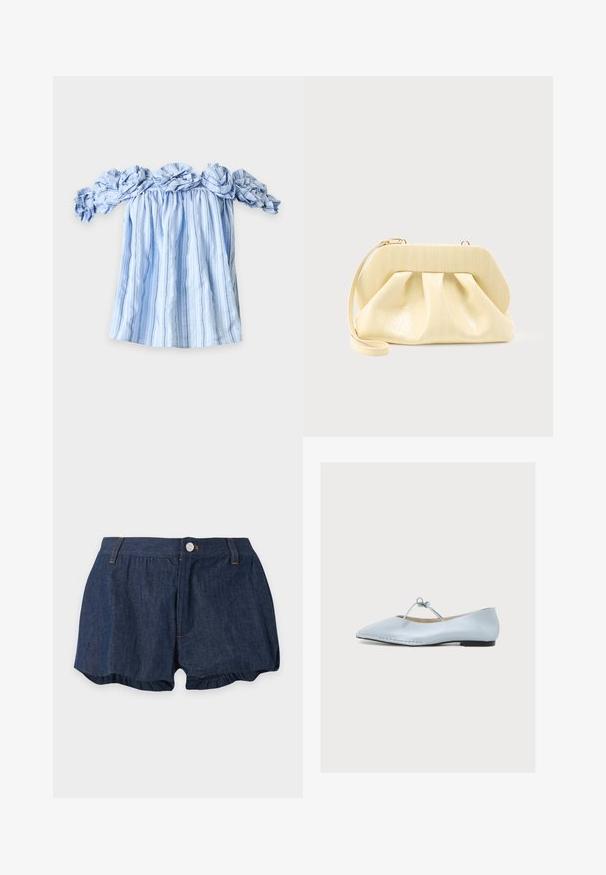 Blouse à rayures verticales bleues et blanches, épaules dénudées, avec col et manches à volants, étalée à plat sur fond blanc.; Short en jean bleu foncé avec fermeture à bouton et zip, passants pour ceinture et léger détail froncé aux ourlets des jambes sur fond uni.; Ballerine en cuir bleu clair avec bout pointu, semelle fine et bride nouée en forme de nœud sur le dessus, sur fond blanc uni.; Pochette en cuir couleur crème avec un cadre supérieur structuré et une lanière pour poignet, présentée sur un fond clair uni.