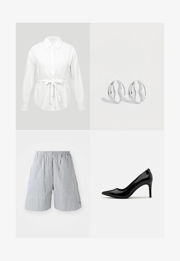 Blouse blanche à manches longues avec col pointu et ceinture à nouer à la taille, présentée sur un fond gris clair.; Shorts rayés en coton bleu marine et blanc, dotés d'une taille élastique et d'une coupe décontractée. Longueur mi-cuisse avec des détails de couture subtils.; Pump à talon haut en cuir verni noir avec un bout pointu et une silhouette épurée, présentant une texture lisse et un design minimaliste.; Paire de boucles d'oreilles anneaux argentés brillants avec un design torsadé et ondulé, présentée sur un fond clair uni.