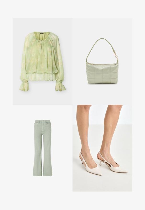 Lichtgroene blouse met lange mouwen en bloemenprint, met een geplooide halslijn met strik, elastische gerimpelde manchetten en een gelaagde zoom.; Groene flared corduroy jeans met een middellange taille, voorzien van voorzakken, een knoopsluiting en een zachte textuur.; Beige gepatineerde leren slingback hakken met een spitze neus en een hak van 5 cm, met uitsparingen aan de zijkanten en een dunne enkelband.; Gewatteerde groene schoudertas met een zachte textuur, rechthoekige vorm, enkele schouderriem en een ritsluiting in goudkleur. Voorzien van een gewatteerd patroon.