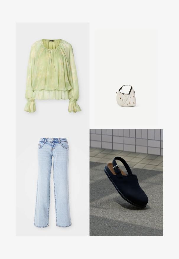 Lysegrøn bluse med lange ærmer og blomsterprint, indsnævret hals med bindebånd, elastiske flæsekantet manchetter og lagdelt kant.; Lyseblå denimjeans med en afslappet pasform, lige ben og subtilt slid. Har fem lommer og bæltestropper. Distressed kantdetalje.; Sort lukket slingback-sko med sølvspænde, brun indersål, svæver over grå asfalt med muret flisevæg i baggrunden.; Lille hvid håndtaske med brune pletter, afrundet trekantet form, sort indvendig foring og kort justerbar rem med sølvspænde.