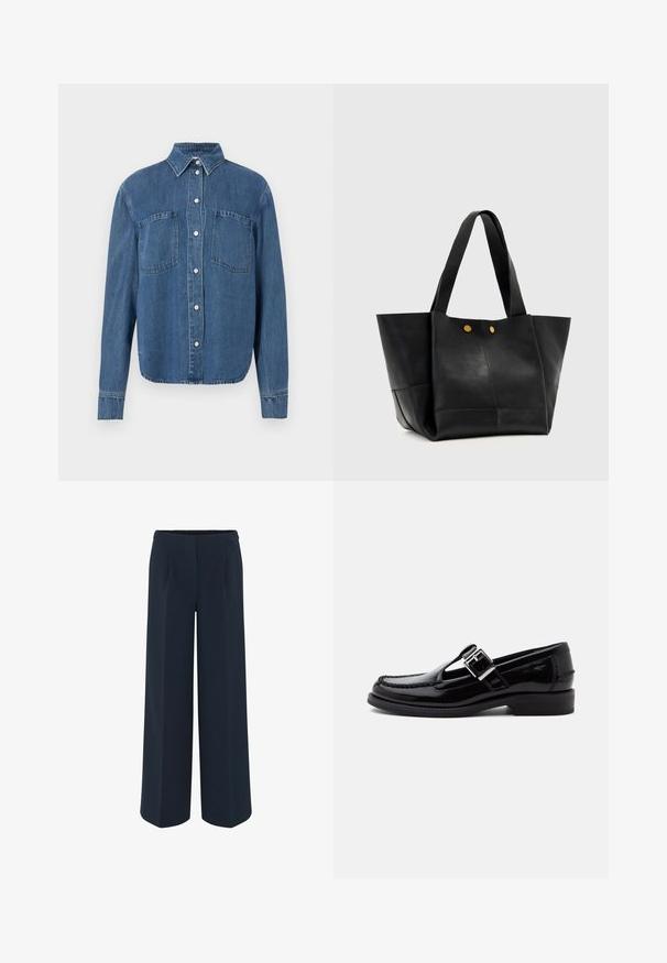 Blaues Jeanshemd mit Kragen, langen Ärmeln, zwei Brusttaschen und Knopfleiste. Verfügt über einen leicht geschwungenen Saum und strukturierten Stoff.; Weite Hose in Dunkelblau, aus glattem Stoff, mit maßgeschneiderten Falten und hohem Taillendesign. Keine sichtbaren Taschen oder Verzierungen.; Schwarzer, polierter Lederloafer mit silberner Schnallenschnalle und Moc-Toe-Naht, seitlich auf einfachem Hintergrund gezeigt.; Schwarze Ledertasche mit breiten Griffen und zwei kleinen goldenen Knopfdetails vorne vor einem schlichten hellen Hintergrund.