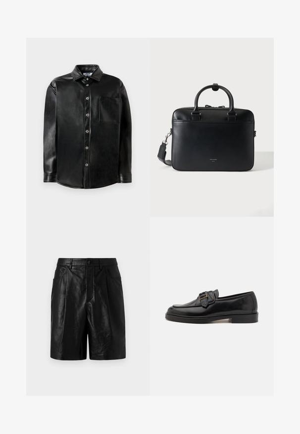 Chemise noire à manches longues en simili cuir avec boutons sur le devant, col pointu et poche sur le côté gauche de la poitrine, présentée sur un fond blanc uni.; Shorts en cuir noir à la coupe ajustée, dotés de deux poches avant, d'une fermeture à boutons et d'une texture lisse et brillante.; Mocassins en cuir noir avec un bout arrondi et une boucle décorative. Talon plat, solide et texture lisse sur l'ensemble.; Porte-documents en cuir noir avec doubles poignées et bandoulière détachable, design minimaliste sur fond uni.