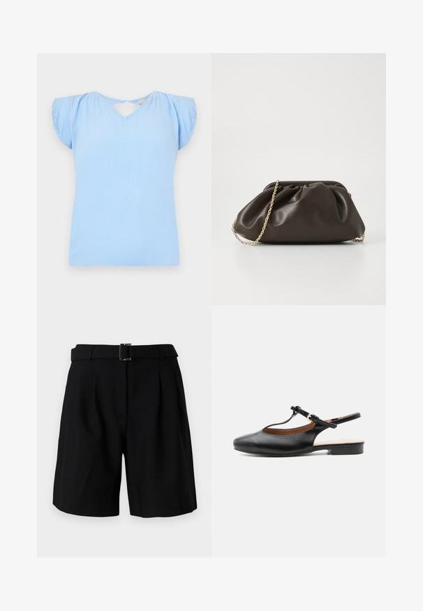 Top de manga corta azul claro con escote en V y detalle de corte en la espalda. Confeccionado en tejido texturizado con mangas ligeramente abullonadas. Corte regular.; Pantalones cortos negros a medida con una textura suave, que presentan una cinturilla ancha y un detalle de hebilla metálica. Diseño estructurado y parte delantera con pliegues.; Zapato plano slingback de cuero negro con T-correa y hebilla dorada sobre fondo neutro.; Bolso de mano de cuero marrón con un diseño fruncido, correa de cadena dorada y un acabado suave y texturizado. Forma compacta adecuada para uso nocturno.