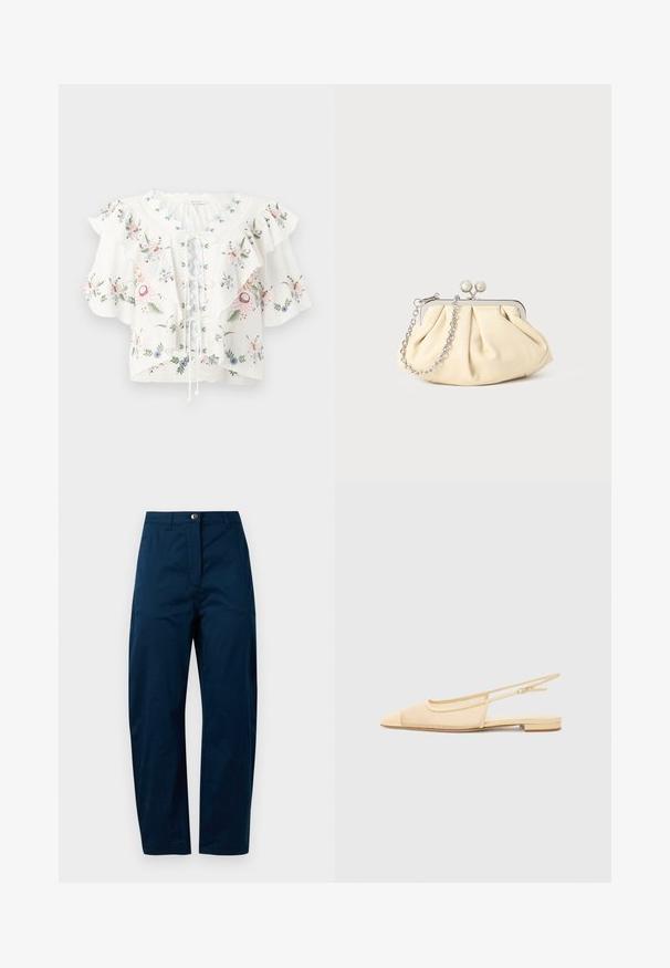 Blusa blanca con bordado floral, mangas anchas con volantes, escote festoneado y detalle de cordones en la parte delantera.; Pantalones azul marino con un diseño de pierna recta, que presentan un cierre frontal con botón, dos bolsillos laterales y un acabado de tela suave y texturizada.; Zapato plano tipo slingback en beige claro con parte superior de malla, punta afilada y tacón bajo. Cuenta con una correa ajustable para un mejor ajuste.; Clutch de cuero beige plisado con un marco de metal plateado, que cuenta con dos broches decorativos redondos y una correa de cadena plateada.