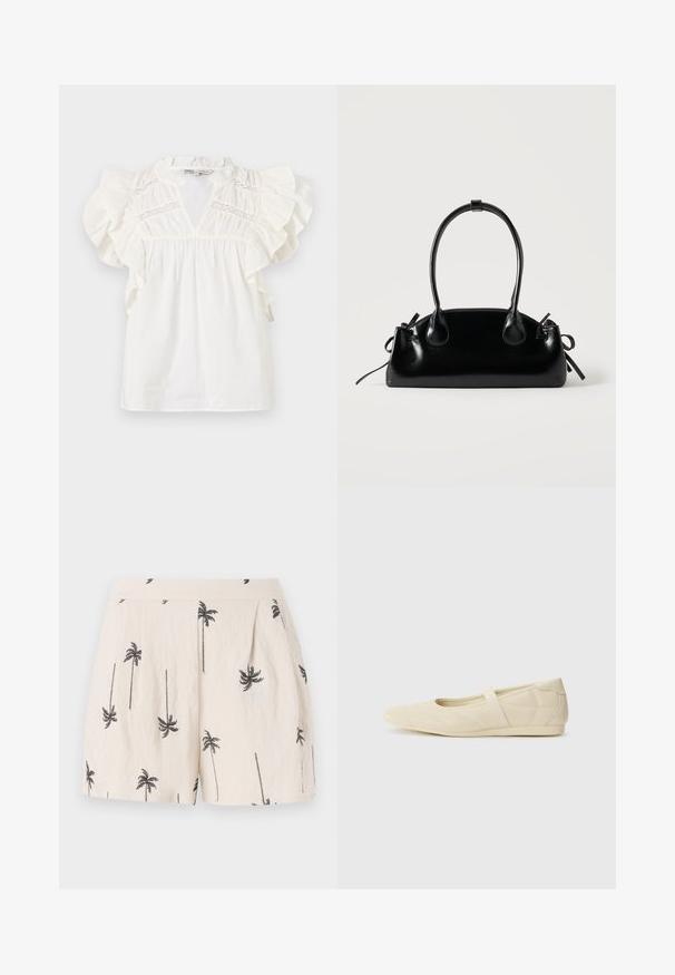 Blusa blanca con mangas de volante, escote en forma de V y detalle de inserción de encaje en el pecho. Confeccionada en una tela ligera y texturizada.; Pantalones cortos de un beige claro con patrón de palmeras negras, que cuentan con pliegues en la parte frontal y una textura de tela suave y ligera.; Bailarinas beige con un exterior de cuero liso, punta en forma de almendra y una correa elástica en el empeine, con detalles de costura sutiles.; Pequeño bolso negro brillante con dos asas largas y detalles de cordón lateral sobre un fondo claro liso.
