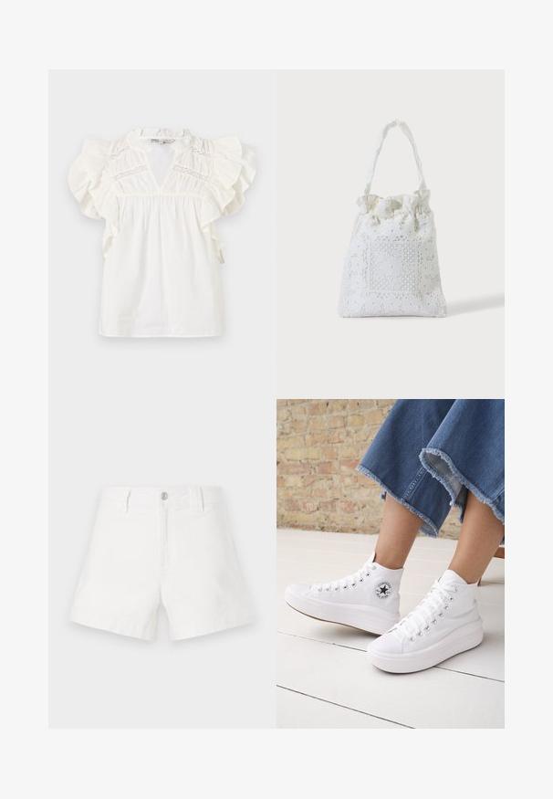 Weiße Bluse mit Rüschenshirt-Ärmeln, einem V-Ausschnitt und Spitzeinsätzen am Brustbereich. Hergestellt aus leichtem, strukturiertem Stoff.; Weiße Jeans-Shorts mit klassischem Schnitt, ausgestattet mit einem vorderen Knopfverschluss, Gürtelschlaufen und einer glatten, strukturierten Oberfläche.; Person trägt weiße knöchelhohe Converse-Sneaker mit dicken Sohlen und abgeschnittene, ausgefranste blaue Jeans vor einer Backsteinmauer und weißem Boden.; Weiße Stofftasche mit Spitzenblumenstickerei und einem gerafften oberen Griff, gezeigt vor einem schlichten hellen Hintergrund.