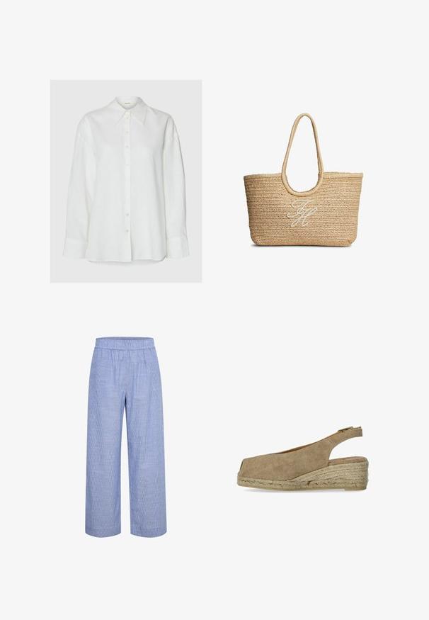 Camisa blanca de manga larga con cuello puntiagudo y botones frontales, mostrada sobre un fondo neutro.; Pantalones de pierna ancha de rayas en azul claro con cintura elástica. Hechos de una tela transpirable, presentan una textura suave y lisa y un corte casual.; Castañer DOSALIA - Alpargatas - sand; Bolso tote de paja beige tejido con asas redondeadas y iniciales en cursiva bordadas en blanco en el centro delantero.