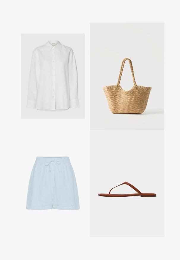 Camisa blanca de manga larga con cuello puntiagudo y botones frontales, mostrada sobre un fondo neutro.; Pantalones cortos de algodón de color azul claro con un corte relajado, cinturilla elástica y cordón ajustable. Cuenta con una tela suave y texturizada y costuras laterales.; Sandalia plana marrón con suela fina y diseño minimalista de tira entre los dedos sobre un fondo claro liso.; Bolso tote de paja trenzada con base ancha, asas trenzadas y color beige natural sobre fondo blanco liso.