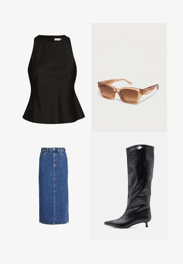 Musta sansiittitoppi, jossa on korkea kaula-aukko, lievästi levenevä helma ja sileä rakenne. Sisältää keskiselän vetoketjun ja minimalistisen muotoilun.; Denim midi-hame keskitummassa sinisessä, suoralinjaisella leikkauksella, edestä nappikiinnitys, kaksi sivutaskua ja näkyvät saumat tekstuurin luomiseksi.; Musta polven ylle ulottuva saapas kiiltävästä krokotiili-efektin nahasta, jossa on kärjellinen muoto ja pieni kitten-korko, sekä kulmikas hopeinen yksityiskohta ylhäällä.; Ruskeat läpikuultavat suorakulmaiset aurinkolasit, joissa on liukuväriset linssit ja kuvioidut sankat, joissa on logo ohimolla.