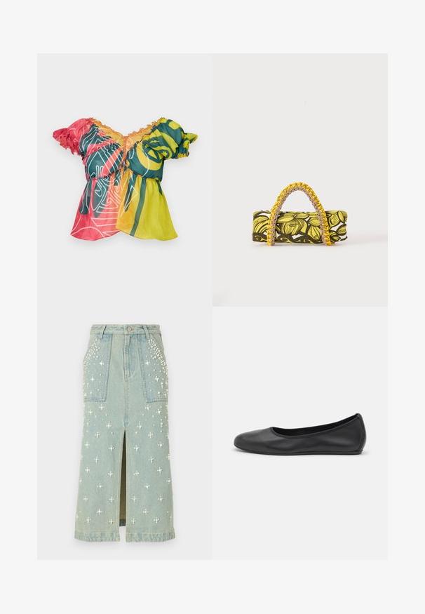 Paolina Russo BABBY DOLL - Top - neon sunset; Lichte blauwe denimrok met parelversieringen. Voorzien van een split aan de voorkant en twee grote voorzakken. Middellange stijl met een klassieke snit.; Zwarte leren ballerina met een ronde neus, gladde textuur, minimale stikdetails en een flexibele zoolontwerp.; Rechthoekige tas met geel-zwart bloemenpatroon en gevlochten geel-roze handvat op witte achtergrond.