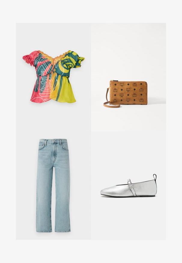 Paolina Russo BABBY DOLL - Top - neon sunset; Svetlomodré rovné džínsy vyrobené z denimu, so zvýšeným pásom, predným zapínaním na gombík a jemným vyblednutím na látke.; rag & bone SPIRE MARY JANE - Balerínky s remienkom okolo členku - silver; Hnedá prešívaná peňaženka s čiernym vzorom loga MCM. Má zipsové uzávery, remienok na zápästie a hladký povrch. Kompaktný obdĺžnikový dizajn.